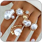 BOOZIQ Chunky Gold Rings for Women Vintage Baroque Pearl Rings Stacking Knuckles Statement Ring Set Open Adjustable Pearl Ring Boho Prom Jewelry Accessories