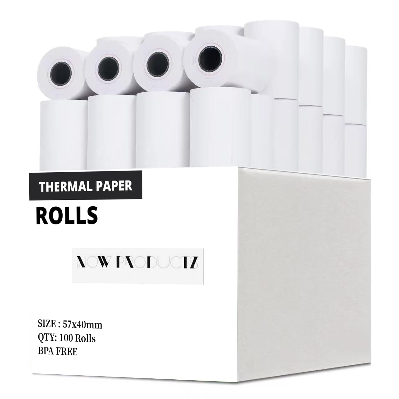 Now Products 57 x 40 mm (100 Rolls) Thermal Till Rolls Receipt Paper, Compatible with Credit Card PDQ Machines, POS, EPOS, Cash Registers, Warning Strip for Smooth Printing