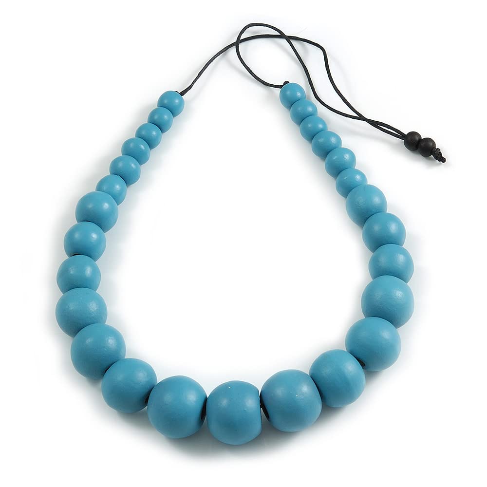 Avalaya Graduated Light Blue Wood Ball Bead Cord Necklace - 84cm Max/Adjustable