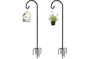 Artigarden 108 inch Outdoor Shepherd Hook with 5 Prong Base (2 Packs), Adjustable Heavy Duty Garden Hanging Stake for Bird Feeder Solar Light Plant Hanger Wedding Decor, Matte Black