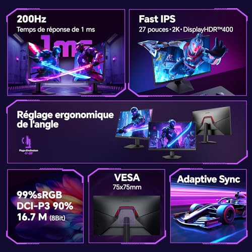 KOORUI G2721P 27 Inch Screen PC Gamer, Fast IPS 200Hz WQHD 2560x1440 2K Gaming Monitor, 1ms HDR400 Adaptive Sync HDMI 2.0x2/DP 1.4, VESA 75x75mm Monitor, Black