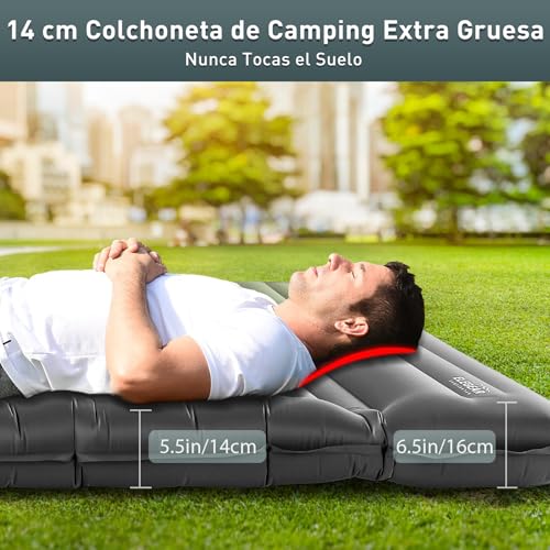 Elegear Colchon Inflables Matrimonial Camping, 14CM Ultra-Thick Colchón Inflable para 2 Personas con Bomba de Pie, Colchón de Aire Autohinchable para Acampar Mochileros Senderismo Tiendas,Gris