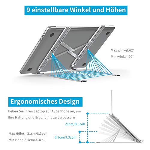 cshare Laptop Ständer, Tragbarer Notebook Ständer, 9 Stufen der Höhenverstellung,Multi-Winkel Faltbarer Aluminium Riser Kompatibel mit MacBook Pro Air,iPad,Lenovo,Dell,HP Alle 7-17 Zoll Tablet