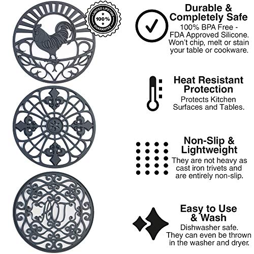 Silicone Trivet Set For Hot Dishes | Modern Kitchen Hot Pads For Pots & Pans | Country Decor Designs Mimics Vintage Cast Iron Trivets | 7.5" Round, Set of 3, Dark Gray