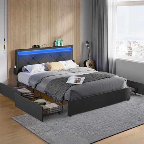 Marco de Cama Matrimonio, Base con Listones, 160 x 200 cm, LED, Metal, 4 Cajones, Estación de Carga, Cabecero Acolchado Ajustable, Gris Pizarra RMB828G02