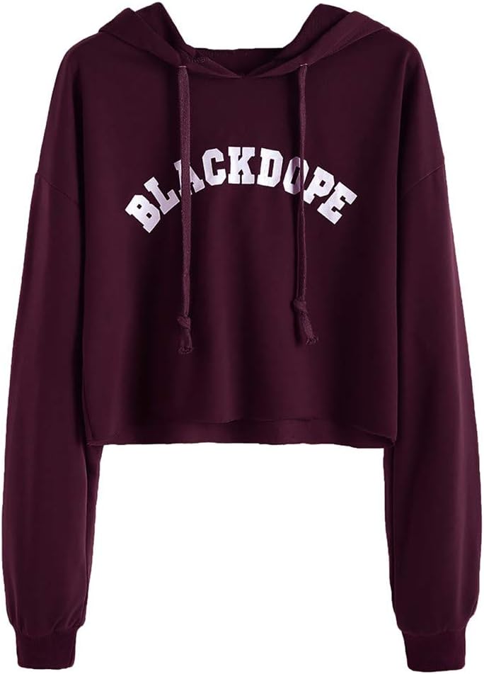 NPRADLA Women's Top Long Sleeve Letter Print Raw Hem Crop Sweatshirt Hooded Blouse