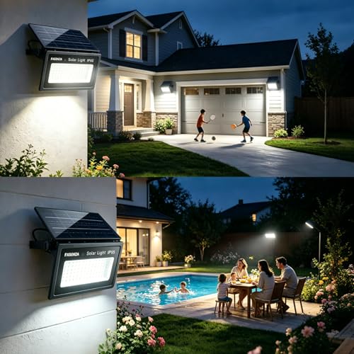 FASENZA Lámpara Solar Exterior: 2000 Lúmenes, 6500K, Batería 4400mAh, Carga 6h Iluminación 12h, 4 Modos de Luz, IP65 Impermeable para Jardín, Patio, Garaje, Granero, 2 Años de Garantía, 2 Paquetes