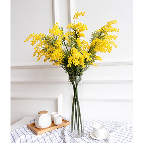 HOBULL 4pcs Mimosa Artificial Silk Flowers Fake Plants Branches Spray Acacia Bouquet Home Wedding Fall Decoration