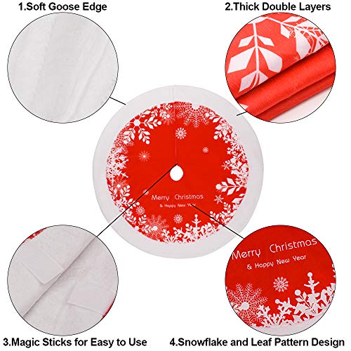 sanipoe Christmas Tree Skirts, 48 inches Tree Skirt Decorations Faux Fur Skirt with Snowflakes, New Year Party Rustic Xmas Tree Holiday Ornaments, Red & White - Thumbnail 4