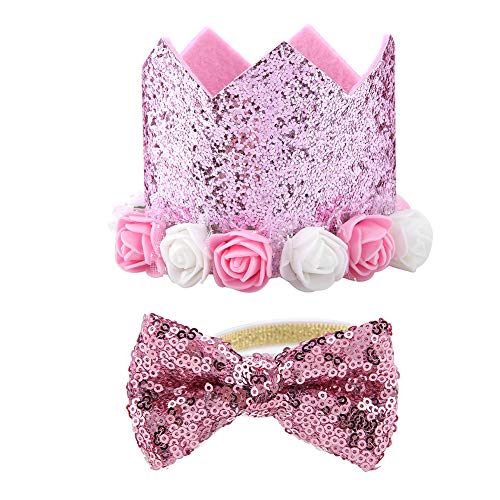 Dogs Hat, Fashionable Christmas Birthday Party Pet Dogs Cats Shiny Flower Crown Hat Bow Tie Set(Pink)