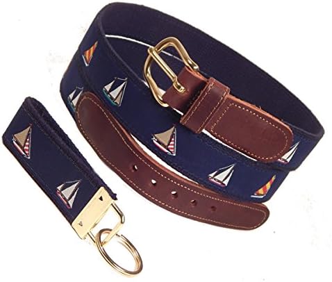 Preston Leather Classic Ribbon Belt, 4 Sailboats, Navy, Navy Web, Sizes 30 to 50, Free Matching Key Ring