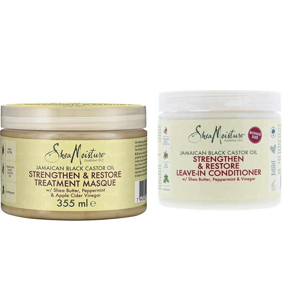 Shea Moisture Jamaican Black Castor Oil Strengthen/Grow, 340 g & Jamaican Black Castor Oil Strengthen & Restore Leave-In Conditioner, with Shea Butter, Peppermint & Apple Cider Vinegar 431 ml