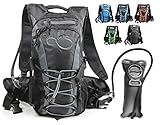 Hydration Backpack With 2.0L TPU Leak Proof Water Bladder- 600D Polyester -Adjustable Padded Shoulder, Chest & Waist Straps- Silicon Bite Tip & Shut Off Valve- (Grey Edges)