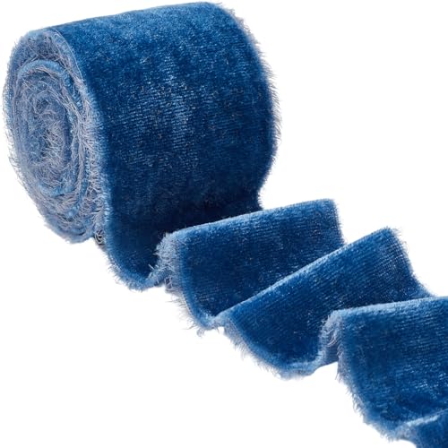 CABODYALS 50mm 2.74M Dark Blue Chiffon Silk Velvet Trim Nylon Frayed Fabric Ragged Raw Edge Glossy Finish Vintage Ribbon for Gift Wrapping Bouquet Invitations Wreath Decoration Diy Craft Supply