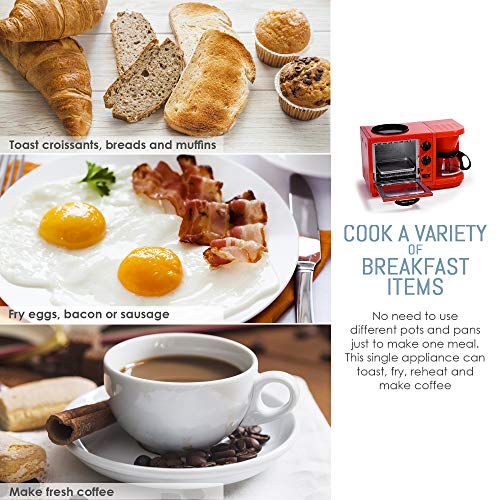 Maxi-Matic EBK-200R Coffee Maker Toaster Oven Griddle 3-in-1 Multi-function Breakfast Center, Regular, Red