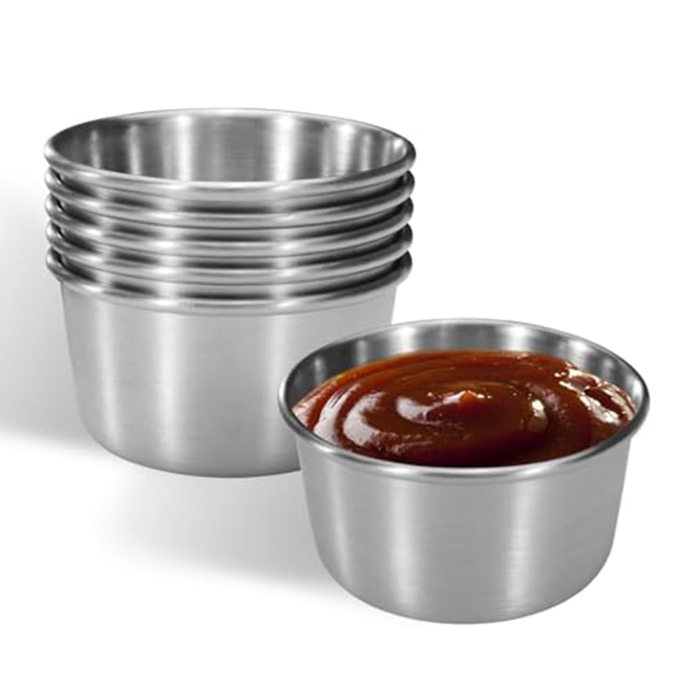 QuirkyLiving 6Pcs 2 Oz Stainless Steel Dipping Sauce Cup, Mini Dip Bowls, Reusable Metal Condiment Cups Ramekins Containers 4.5 X 3.3 X 5.8cm (Silver)