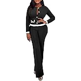 CHICME Womens 2 Piece Outfits Spring 2026 Casual Commuting Contrast Paneled Top and Elastic High Waist Pants