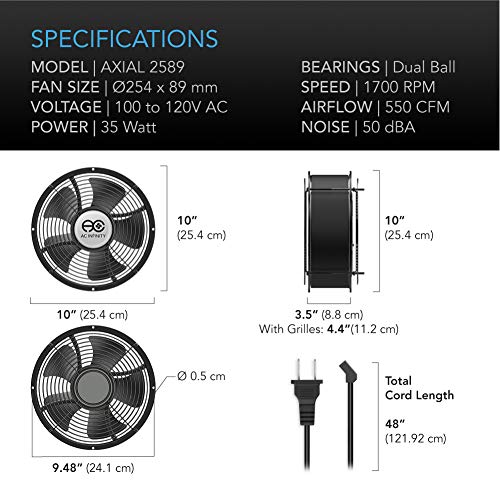 AC Infinity AXIAL 2589, Muffin Fan 10", 120V AC Ø254mm x 89mm High Speed, for DIY Cooling