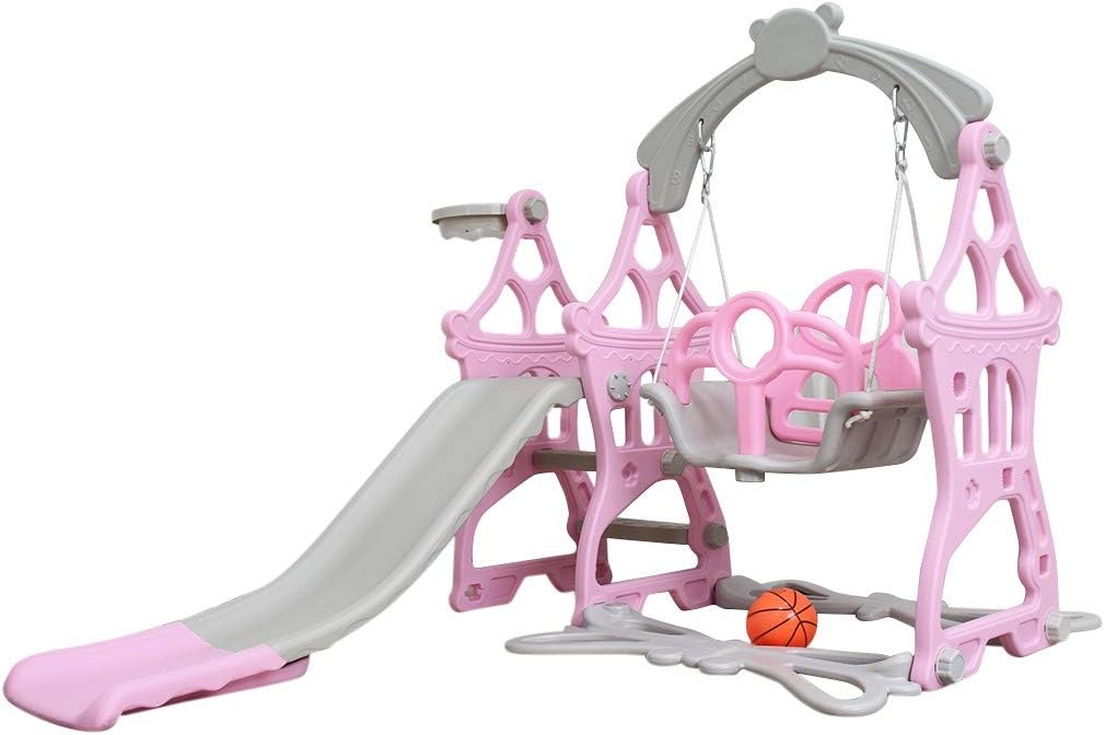 Homefami Toddler Climber and Swing Set with Smooth Slide Basketball Hoop Easy Climb Stairs Safe HDPE Material for Indoor and Backyard (Pink)