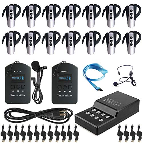 EXMAX 2.4G Wireless Audio Tour Guide System Overear Ear-Hook Receiver for Language Interpretation Training Teaching Silent Conference Simultaneous Church Translation Trip(2 Transmitters 14 Receivers)
