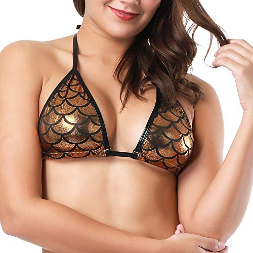 Maonet Women Sexy Halter Lingerie Metallic Bikini Dancewear Clubwear Leather Underwear (Gold, Free)