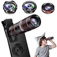 Phone Camera Lens Kit, 5 in 1 Cell Phone Lens - 12X Zoom Telephoto Lens + 0.36X Wide Angle Lens + 180°Fisheye Lens + 15X Macro Lens(2pcs) Compatible with iPhone XS XR X/8/7/6s Plus Android Smartphones