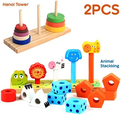Yinan Wooden Educational Shape Color Sorting Nesting Puzzles Preschool Stacking Block Toddler Toys/Rainbow Building Stacking Blocks Toys/Early Learning Toys, Baby Shape Sorter, Hanoi Tower Games