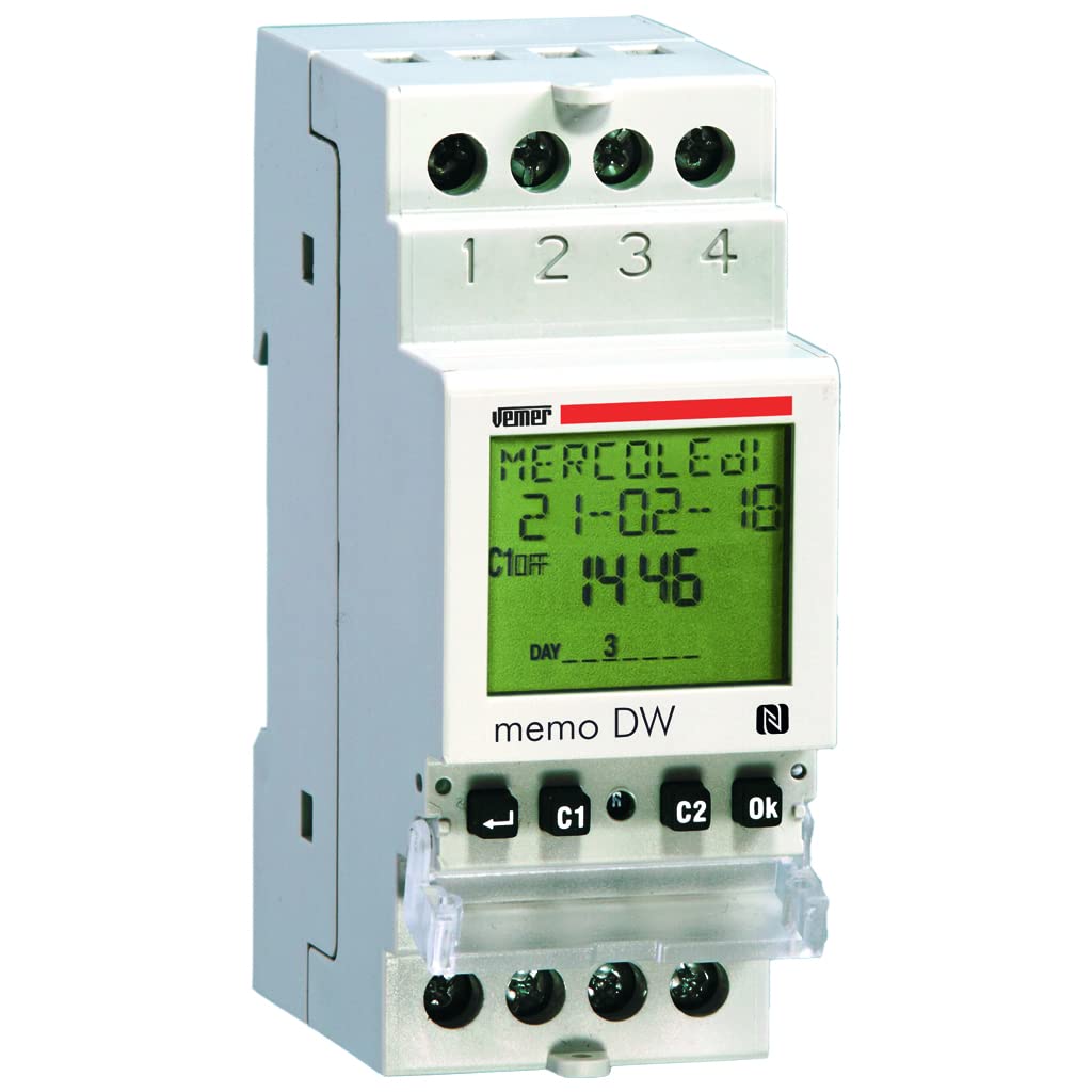 VEMER VE339800 model MEMO DW Digital time switch with daily or weekly programming and NFC interface. DIN rail mounting. Color grey