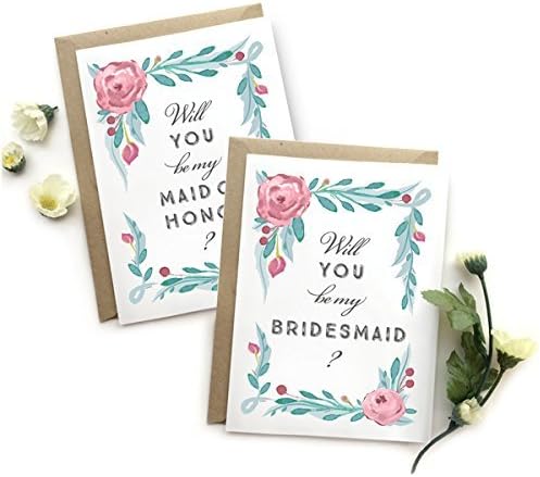 5 Pack - Will You Be My Bridesmaid Cards (4), Maid of Honor Card (1) - Assortment Pack of 5 - Rustic Pink and Green Floral Multicolored Wedding Party Cards