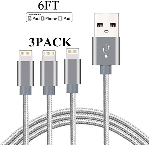 3Pack 6FT iPhone Charger Cable-Extra Long Nylon Braided Lightning Cable USB Charger Cord Compatible With IPhone 7, 7 Plus, 6S, 5S, 5, IPad,IPod Nano 7 (Grey)