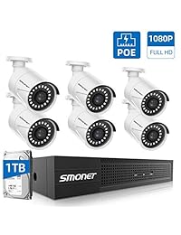 PoE Home Security Camera System,SMONET 8 Channel 1080P PoE NVR Surveillance System with 1TB Hard Drive,6X Wired Onvif 2MP Indoor Outdoor IP Cameras,Waterproof NVR Kits,7 24 Recording,  Remote View