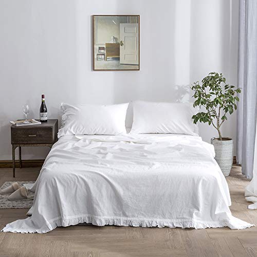 Simple&Opulence Belgian Linen Sheet Set 4PCS Solid Color Ruffles Flouncing(Full,White)