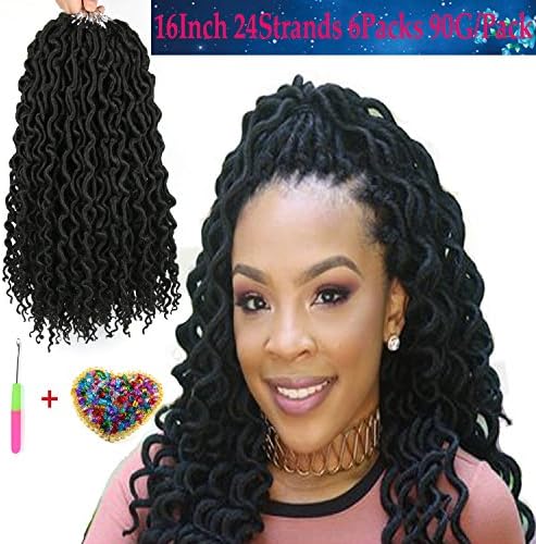 16inch 6Packs 24 Strands/Pack Wavy Faux Locs Synthetic Crochet Braids Hair Extension Soft Locks Bug Light Brown Black (Black(1B#))