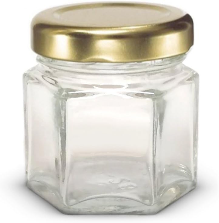 1.5 oz Hexagon Mini Glass Jars with GOLD Lids and Labels (Pack of 24): Kitchen & Dining