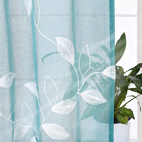 Haperlare Leaves Embroidered Sheer Curtains for Living Room 84 inches Long Teal Sheers Curtain