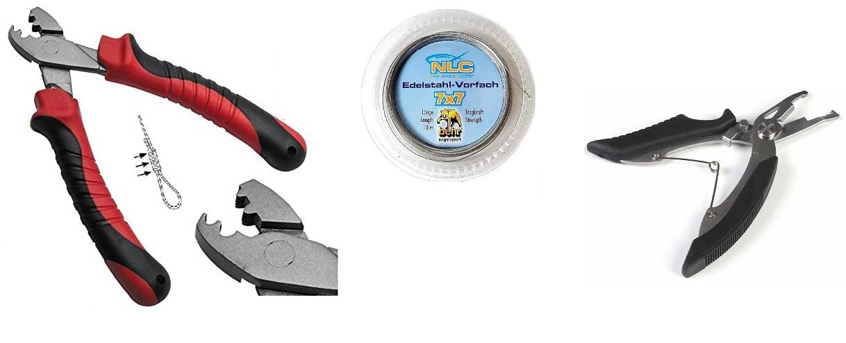 Top leader set, 1 x Behr steel leader 7 x 7 8 kg, 10 m, including crimping sleeves, pliers and free fishing scissors