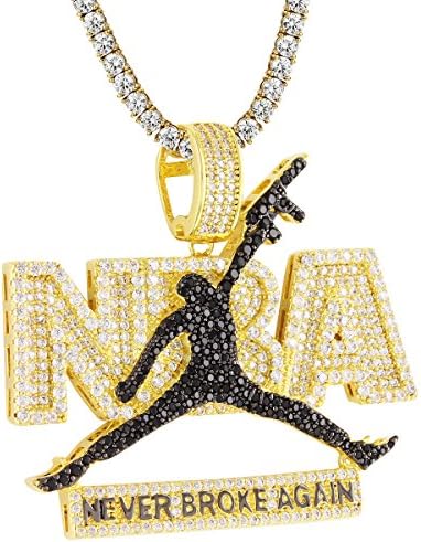 Master Of Bling Basketball Jumpman Pendant 14k Gold Finish Never Broke Again Iced Out Tennis Necklace