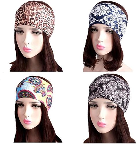 Subesty Women Yoga Elastic Headband Floral Polyester Hair Band Turban Head Wrap For Sport Exercise Set Of 4