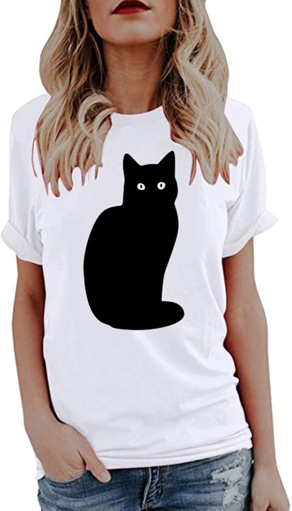 JIANGfu Womens Cute Cat Print TShirts Ladies Spring Summer Casual Slim