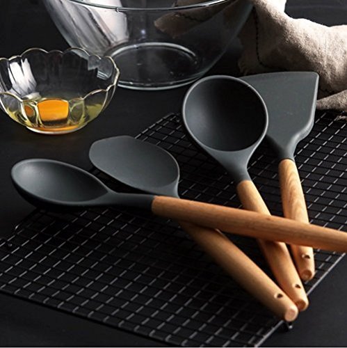 9-Piece Silicone Kitchen Utensils BONUS Silicone Pastry Brush Kitchen -Heat Resistant Cooking Utensil Set with Natural Hard Wood Handle, Non-Stick, BPA Free (Dark Gray) - Thumbnail 7
