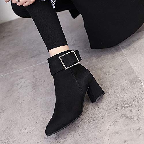 ❤Kauneus❤ Women's Faux Suede Pointed Toe Chunky Mid Heel Ankle Booties Buckle Strap and Zip Fashion High-Heeled Winter Boot Black