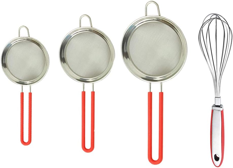 QELEG Set of 3 Tea Strainer Flour Sifter Fine Mesh Stainless Steel Strainers Food Strainer and Whisk Kitchen, Tea, Rice & Juice Use Tools