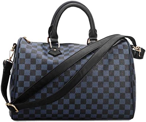 Fashion Bazaar Designer Style Check Shoulder Bags - Faux Leather Tote - Barrel Style Gym Weekend Duffel Travel Bag - Checked Handbag with Coin Purse
