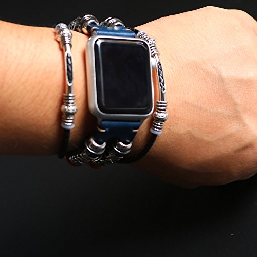 Buyeverything for Apple Watch 44mm Bands - Vintage Braided Classic Leather Bracelets Replacement Band Adjustbable Wristband Straps Accessories for Apple Watch Series 4 44mm Women Men (Blue) - Thumbnail 4