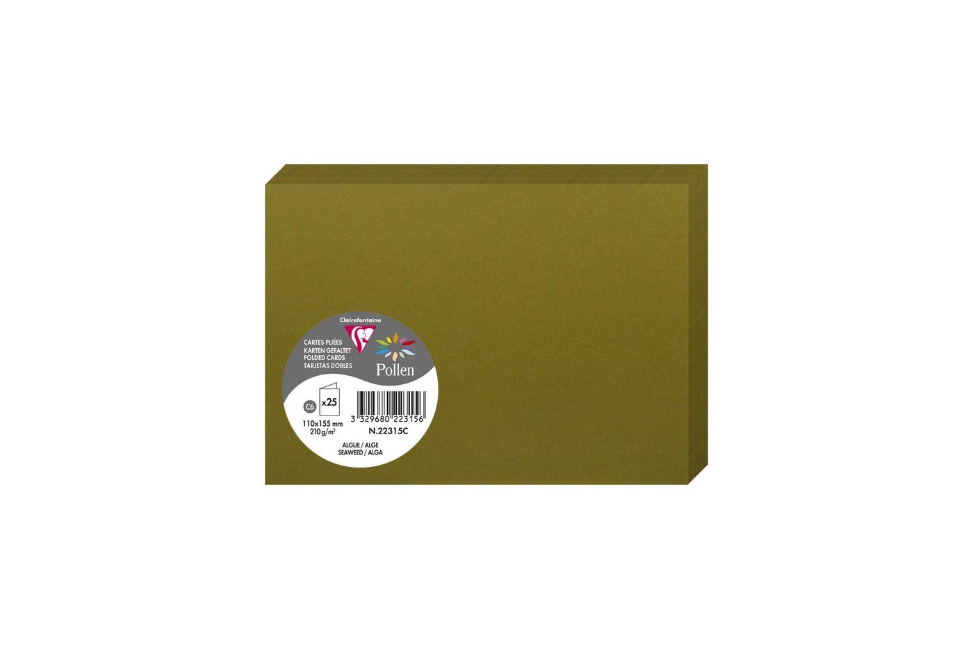 Clairefontaine 22315C Pack of 25 Double Cards Format C6 (11x15,5cm) 210gsm colour Seaweed Invitation Correspondence Cardboard Pollen Range Premium Smooth Paper