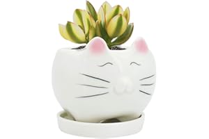 GeLive Cute Cat Succulent Planter Pot with Drainage Tray, White Ceramic Plant Container, Window Box, Unique Animal for Indoor Home Decor (White)