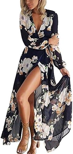 QingOrange Women's Sexy Deep V Neck Long Sleeve Floral Printed Beach Maxi Dress