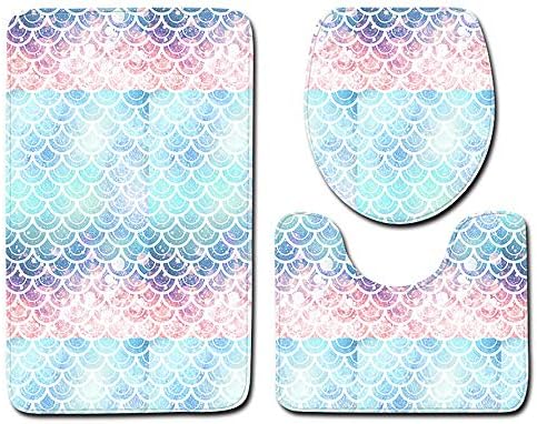 Toilet mats Set Fiaya 3Pcs /4PCS Fish Scale 3D Multicolor Polyester Bathroom Set Rug Contour Mat+Toilet Lid Cover +Plan Solid Color Bath Mats +Shower Curtain (3PCS, Colorful C01)
