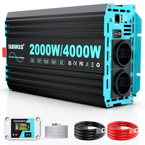 SUDOKEJI 2000 W / 4000 W Inverter Pure Sine Wave Voltage Converter 12 V to 230 V Power Inverter with LCD Remote Control, Type-C and USB Ports, 2 EU AC Sockets for Solar, Vehicles, Motorhomes