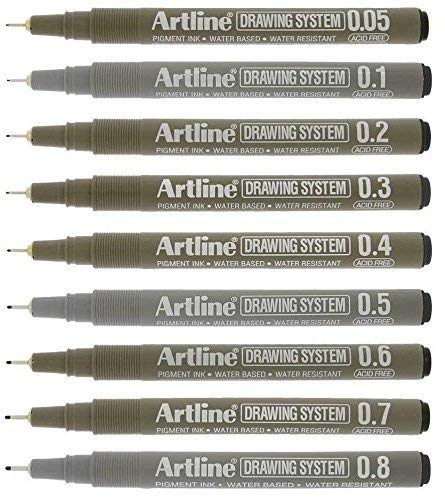 MSGH Artline Drawing Fineliner Pens, Drawing System Pen (SET OF 9) (0.05 mm, 0.1 mm, 0.2 mm, 0.3 mm, 0.4 mm, 0.5 mm, 0.6 mm, 0.7 mm, 0.8 mm)